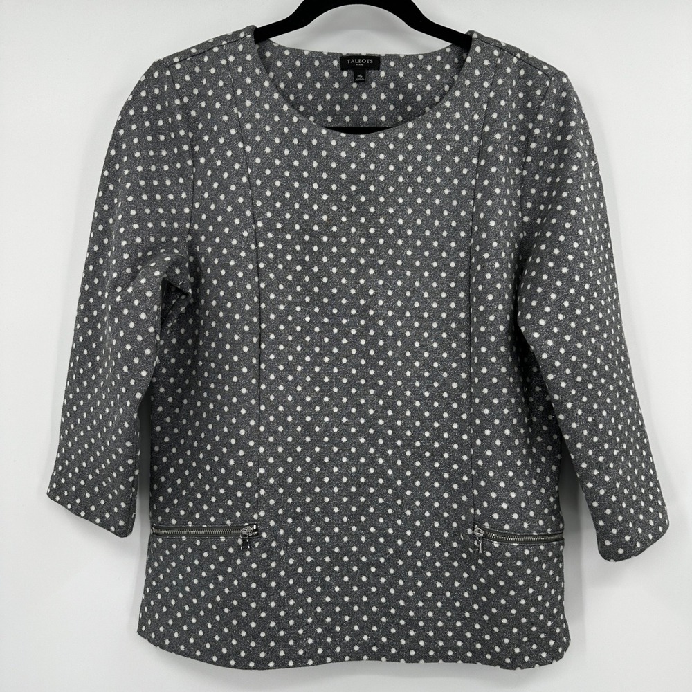 Talbots Petite Medium Grey Polka Dot Shiny Metallic Knit Top Zipper Detail